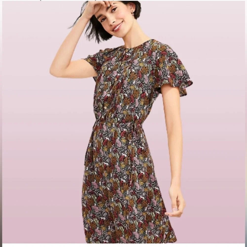 Ann Taylor LOFT Paradise Lost Jungle Safari Dress Pintuck Size Large Brown Pink - Picture 4 of 13